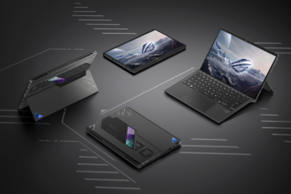 02_Four ROG Flow Z13 displayed in four configurations, tablet, laptop and kickstand modes highlighting its versatile design and futuristic screen (Destaque)