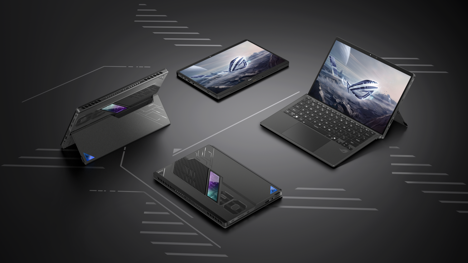 02_Four ROG Flow Z13 displayed in four configurations, tablet, laptop and kickstand modes highlighting its versatile design and futuristic screen (Destaque)